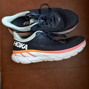 Hoka W Clifton 7 Navy and White with Orange Trim size 8